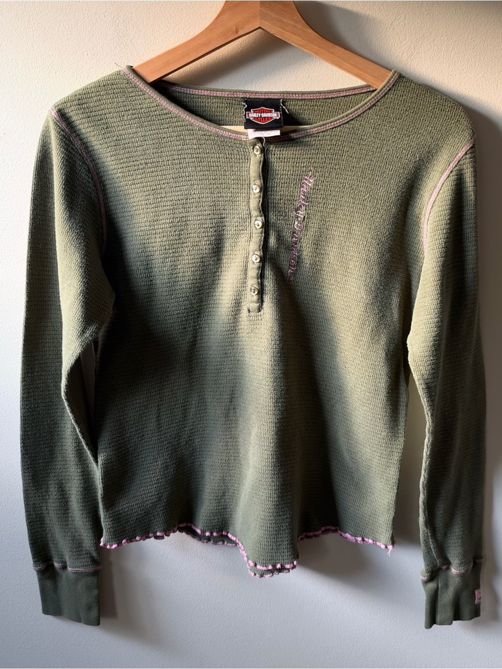 Harley Davidson Green and Pink Henley Long Sleeve